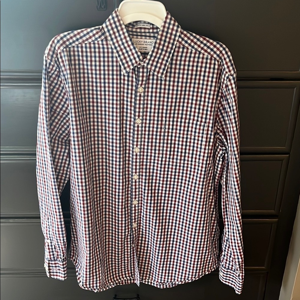 Lucky Brand Men's Red and Blue Plaid Shirt